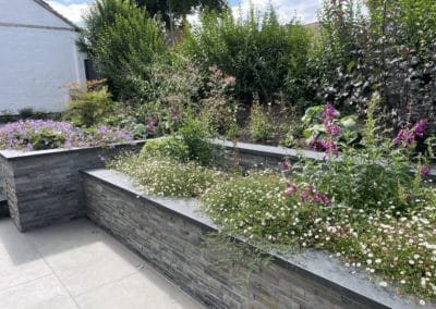 The garden design showing off the cladded raised beds and plant design